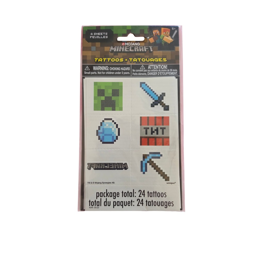 Mojang Minecraft Temporary Tattoos 24 Count 4 Sheets Party Favors Creeper TNT